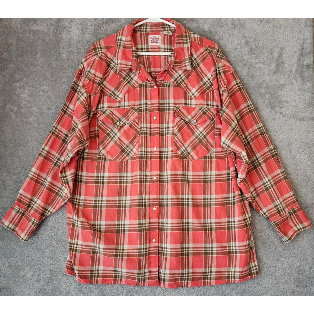 Levi Strauss & Co Shirt Womens 3X Plaid Coral Pink Brown Western Pearl Snap